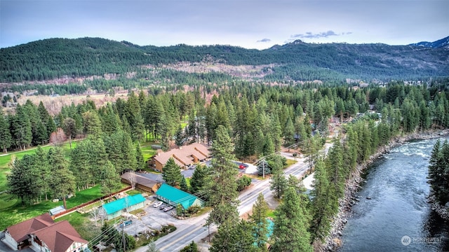 birds eye view of property with a water and mountain view