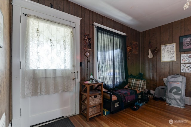 foyer with wooden walls, wood-type flooring, and a healthy amount of sunlight