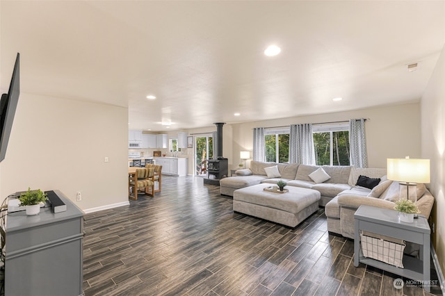 living room featuring a wood stove and dark hardwood / wood-style flooring