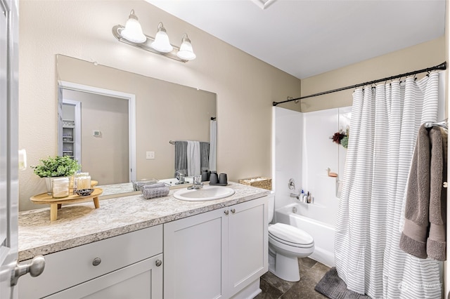 full bathroom featuring toilet, vanity, shower / bath combination with curtain, and tile patterned flooring