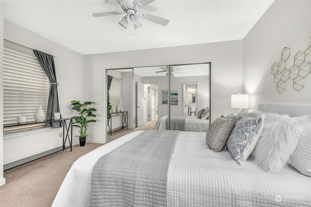 carpeted bedroom with ceiling fan and a closet