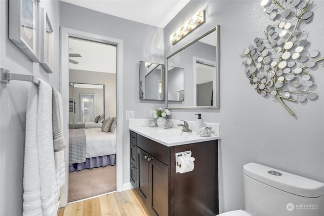 bathroom with vanity, toilet, and hardwood / wood-style floors