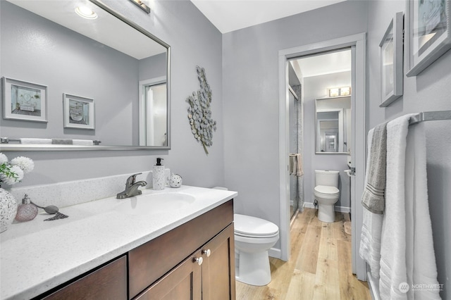 bathroom with toilet, vanity, and wood-type flooring