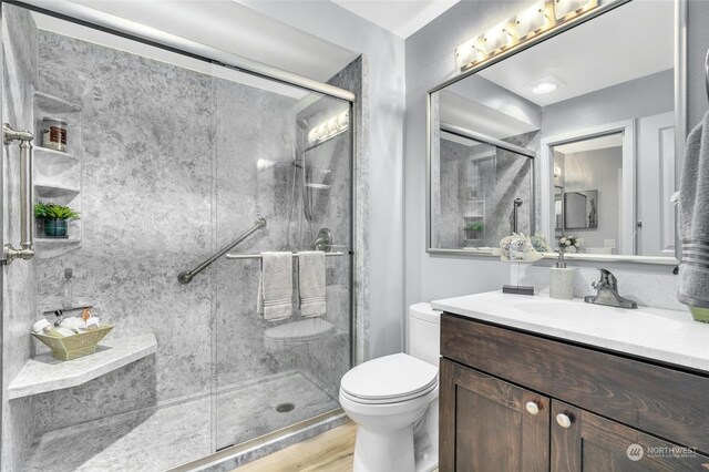 bathroom featuring toilet, vanity, wood-type flooring, and an enclosed shower