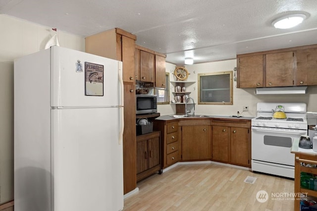 kitchen with white appliances, sink, a textured ceiling, and light hardwood / wood-style floors