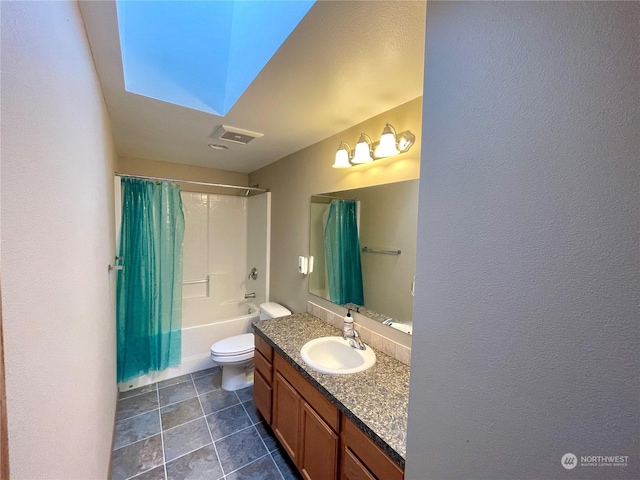 bathroom featuring visible vents, shower / bathtub combination with curtain, toilet, vanity, and tile patterned floors