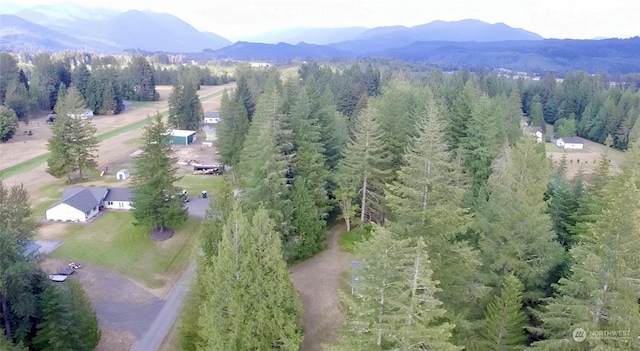 aerial view featuring a mountain view and a view of trees