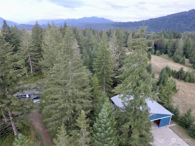 birds eye view of property featuring a forest view