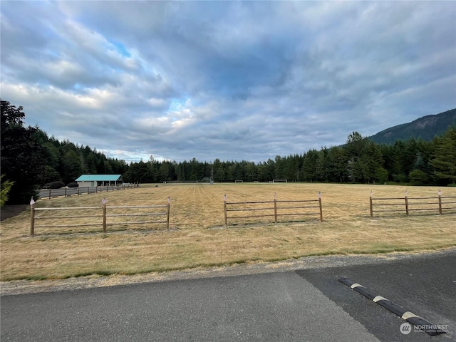 view of yard featuring a rural view, a wooded view, and fence