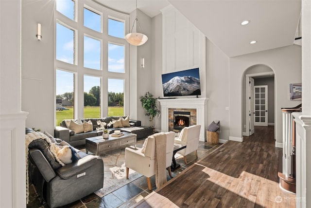 living room with a towering ceiling and dark hardwood / wood-style floors