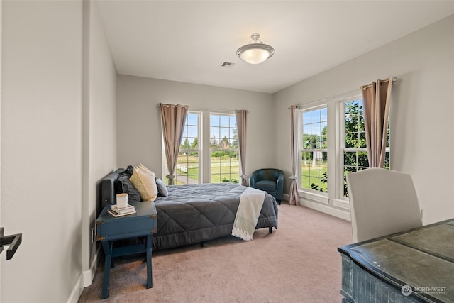 bedroom featuring light carpet