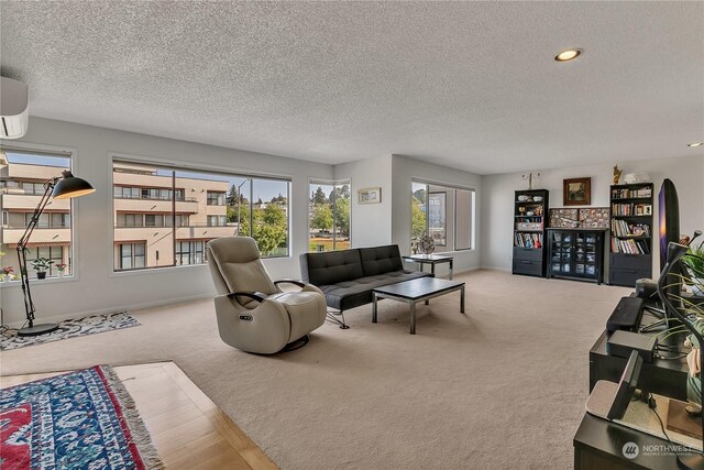 carpeted living room with a textured ceiling