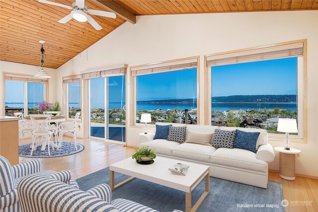 interior space featuring lofted ceiling with beams, a water view, wood ceiling, and a wealth of natural light