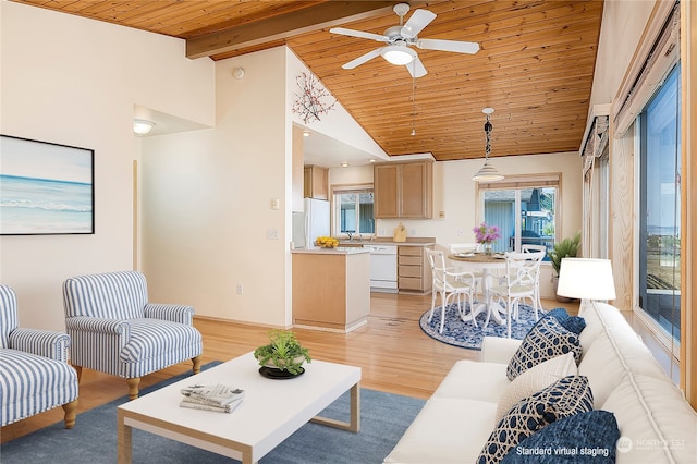 living room with light hardwood / wood-style flooring, high vaulted ceiling, beam ceiling, ceiling fan, and wood ceiling