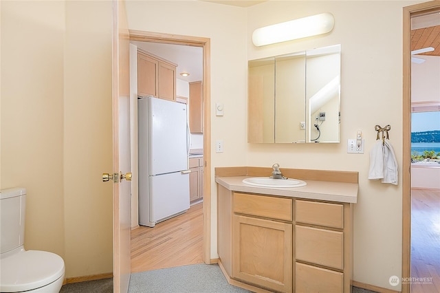 bathroom featuring baseboards, wood finished floors, vanity, and toilet