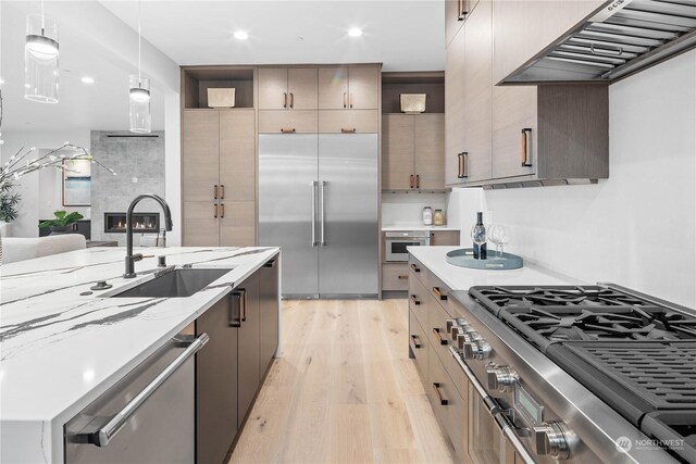 kitchen with stainless steel appliances, pendant lighting, light wood-type flooring, sink, and exhaust hood