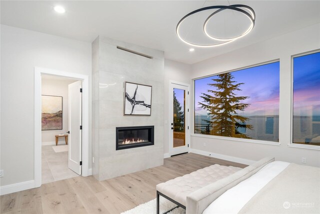 living room with light hardwood / wood-style flooring and a large fireplace