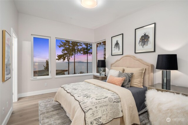 bedroom with light hardwood / wood-style flooring and a water view