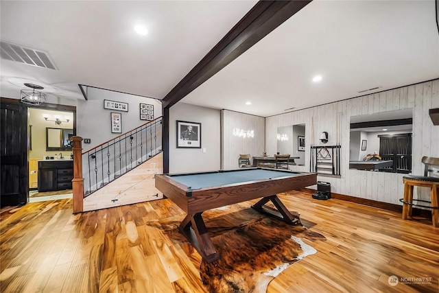 game room featuring beam ceiling, recessed lighting, visible vents, wood finished floors, and billiards