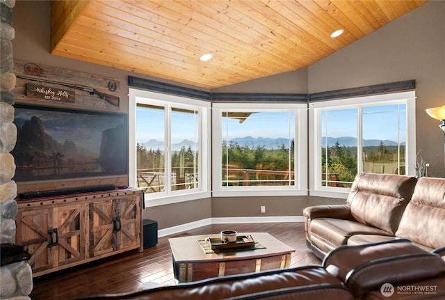 living room featuring wooden ceiling, a mountain view, vaulted ceiling, and wood finished floors