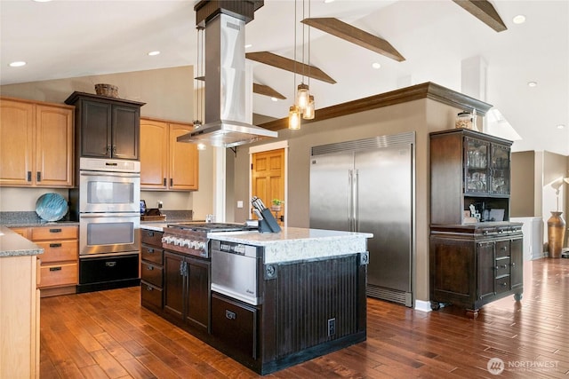 kitchen featuring dark wood finished floors, island exhaust hood, a warming drawer, stainless steel appliances, and a kitchen island