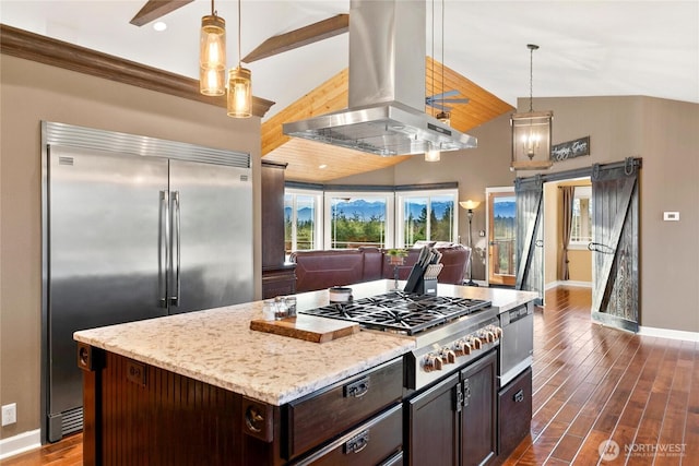 kitchen featuring a barn door, island range hood, dark wood-style flooring, stainless steel appliances, and dark brown cabinets