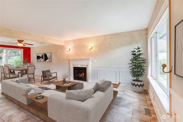 living room featuring ceiling fan