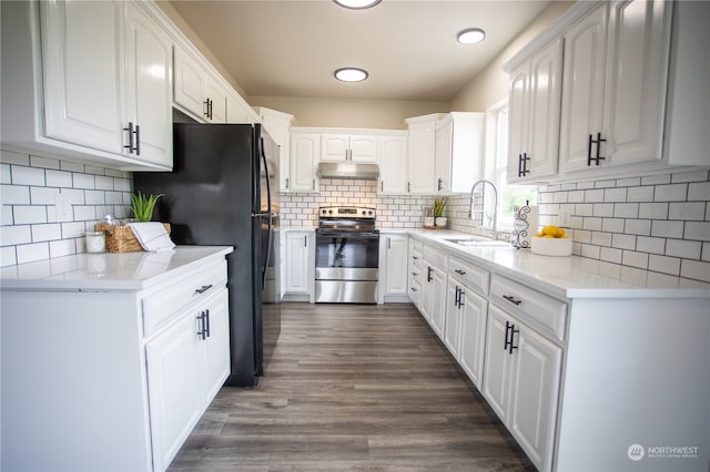 kitchen with dark hardwood / wood-style flooring, sink, white cabinetry, and stainless steel electric range oven