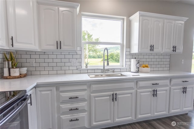 kitchen featuring sink, white cabinets, dark hardwood / wood-style flooring, and backsplash