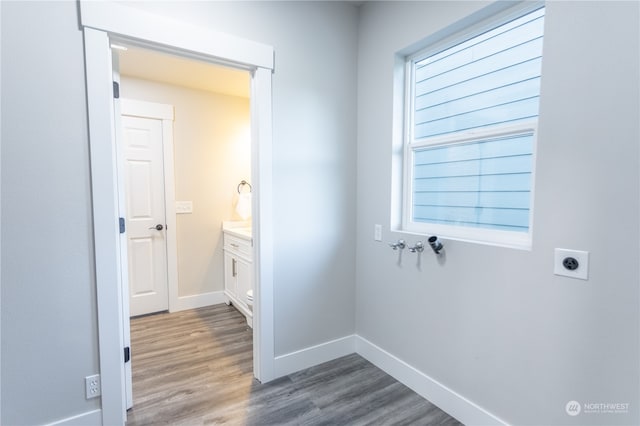 bathroom with hardwood / wood-style flooring, vanity, and a healthy amount of sunlight