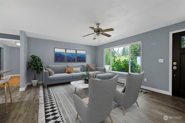 living room with ceiling fan and dark hardwood / wood-style flooring