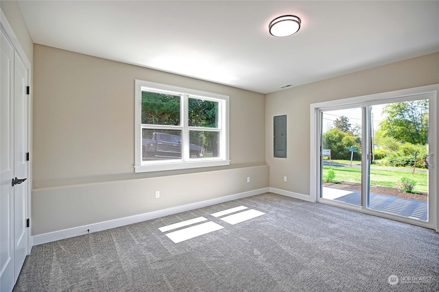 carpeted spare room featuring electric panel