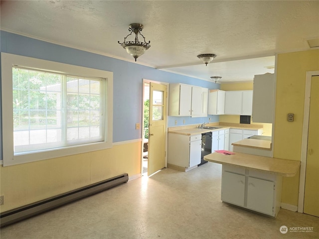 kitchen with a baseboard radiator, light countertops, white cabinets, a textured ceiling, and dishwashing machine