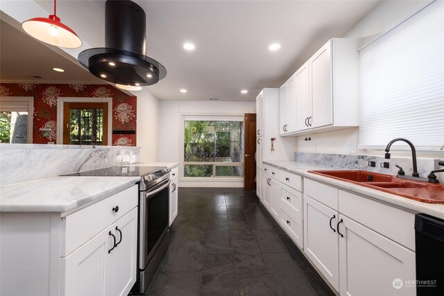 kitchen featuring white cabinetry, light stone counters, stainless steel range with electric stovetop, sink, and black dishwasher