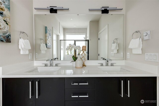 bathroom with vanity and a shower with shower door