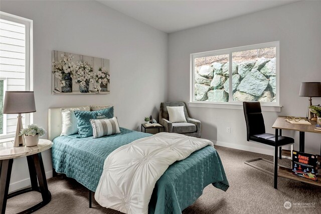 bedroom featuring dark colored carpet