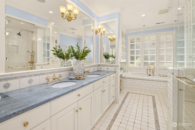 bathroom featuring separate shower and tub, crown molding, tile patterned floors, and vanity