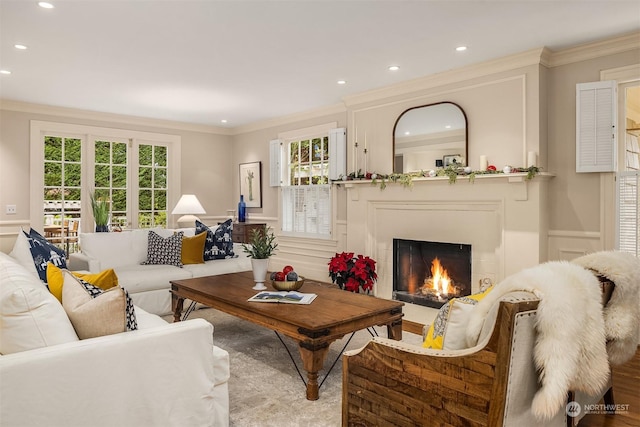 living room with crown molding and plenty of natural light