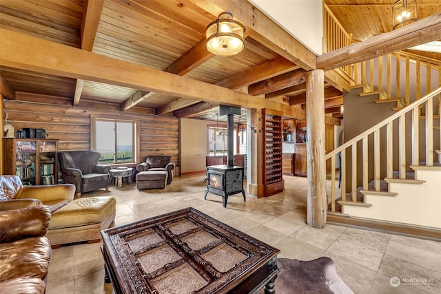 tiled living room with wood ceiling, a wood stove, and beamed ceiling