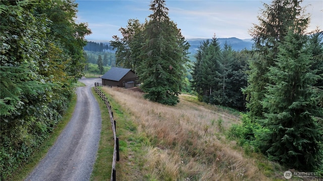 view of road with driveway, a wooded view, and a rural view