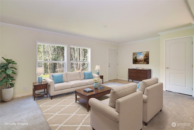 living room featuring light carpet and crown molding