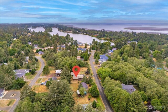 aerial view featuring a water view