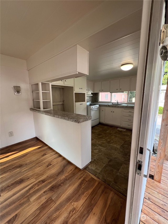 kitchen featuring dark hardwood / wood-style floors, kitchen peninsula, sink, white range with electric stovetop, and white cabinets