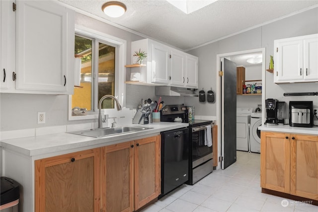 kitchen featuring black dishwasher, open shelves, washing machine and dryer, stainless steel range with electric cooktop, and a sink