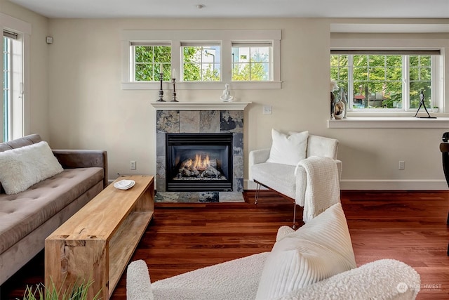 living room featuring plenty of natural light, dark hardwood / wood-style flooring, and a fireplace