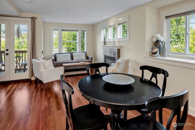 dining room featuring a healthy amount of sunlight, dark hardwood / wood-style flooring, and french doors