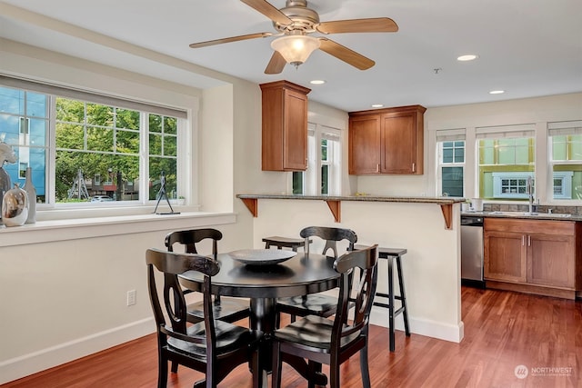 dining space featuring ceiling fan, sink, and dark hardwood / wood-style flooring