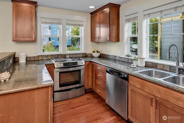 kitchen with light wood-type flooring, appliances with stainless steel finishes, and sink