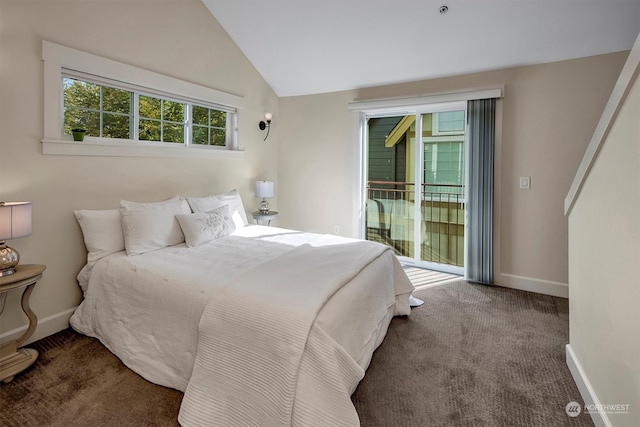 bedroom with vaulted ceiling, access to exterior, and carpet floors