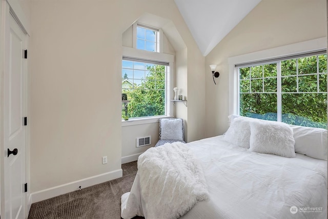 carpeted bedroom with lofted ceiling